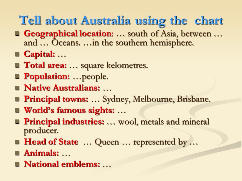 Tell about Australia using the chart Geographical location: … south of Asia, between Tell about Australia using the chart Geographical location: … south of Asia, between